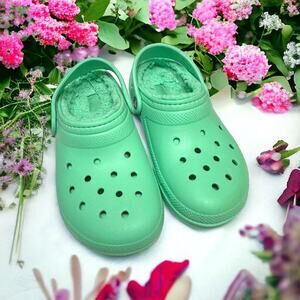 Crocs Kids Clogs Sz J 3 Jade Green Stone Mint Fur Lined Unisex Boys Girls